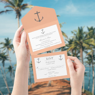 Simple Nautical Anchor Wedding Peach All In One Uitnodiging