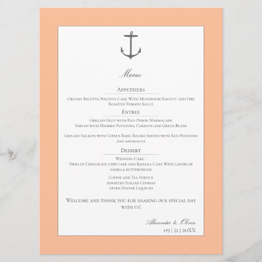 Simple Nautical Anchor Wedding | Peach Menu (Voorkant)