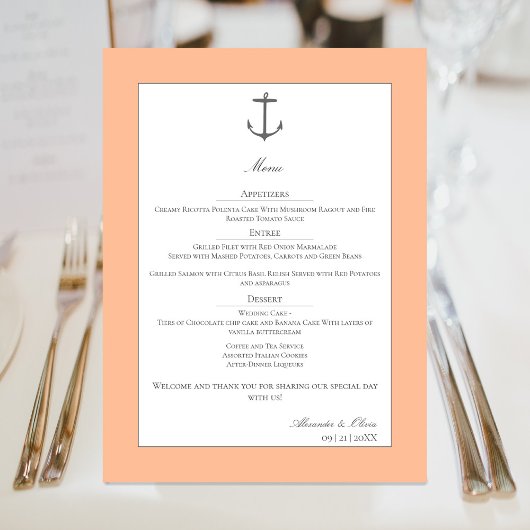 Simple Nautical Anchor Wedding | Peach Menu