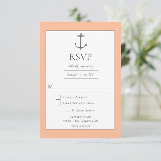 Simple Nautical Anchor Wedding | Peach RSVP Kaartje (Staand voorkant)