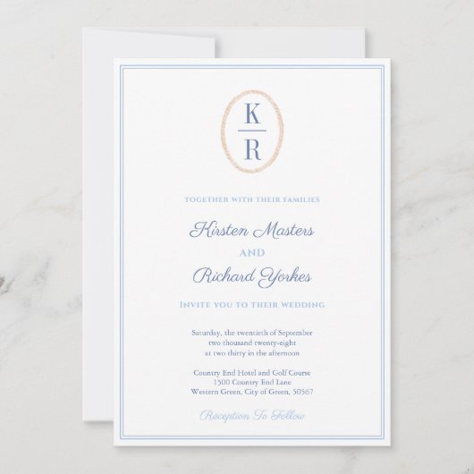 Simple Nautical Monogram Blue And White Wedding Kaart (Voorkant)