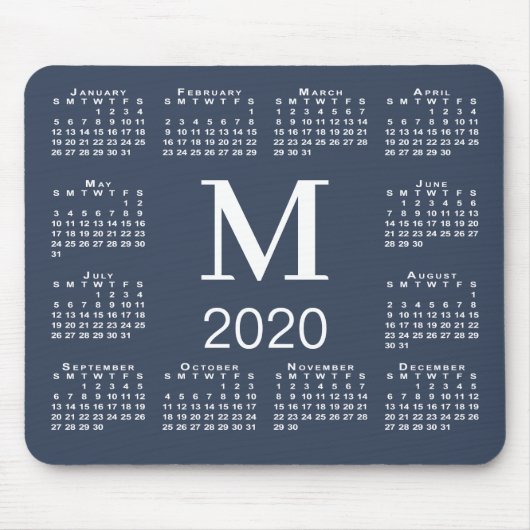 Simple Navy Blue and White Monogram 2020 Agenda Muismat (Voorkant)