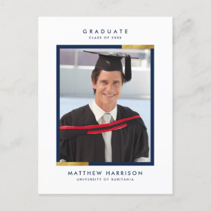 Simple Navy Blue & Gold Photo Graduparty Uitnodiging Briefkaart