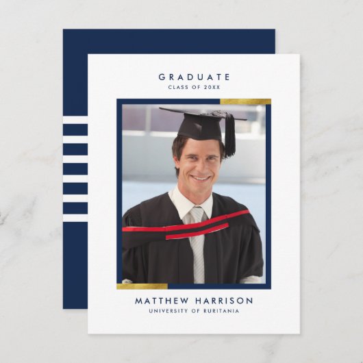 Simple Navy Blue & Gold Photo Graduparty Uitnodiging Briefkaart