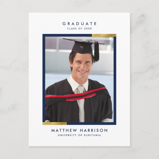 Simple Navy Blue & Gold Photo Graduparty Uitnodiging Briefkaart (Voorkant)