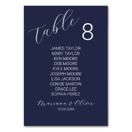 Simple Navy Blue Table Number Kaart met namen