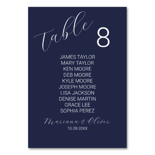 Simple Navy Blue Table Number Kaart met namen (Achterkant)