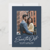 Simple navy blue trendy script two photo wedding save the date (Voorkant)