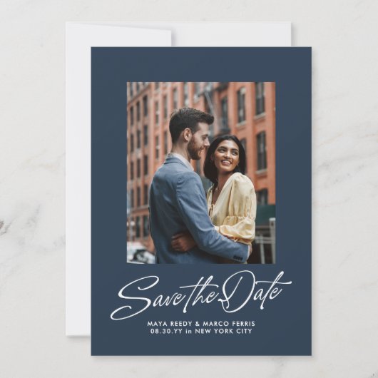 Simple navy blue trendy script two photo wedding save the date (Voorkant)