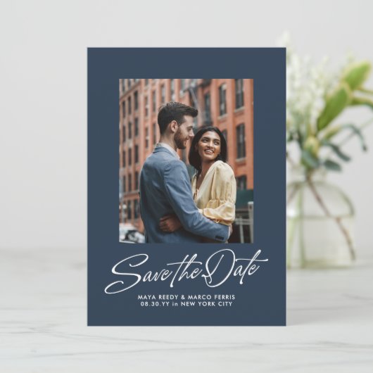 Simple navy blue trendy script two photo wedding save the date (Staand voorkant)
