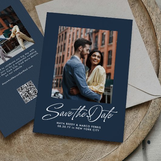 Simple navy blue trendy script two photo wedding save the date