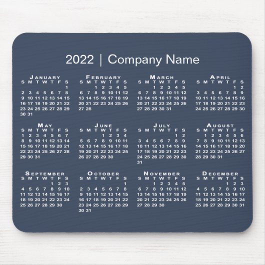 Simple Navy Blue White 2022 Calendar Company Name Muismat (Voorkant)
