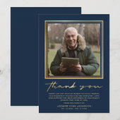 Simple Navy & Gold Calligraphy Photo Funeral Bedankkaart (Voorkant / Achterkant)