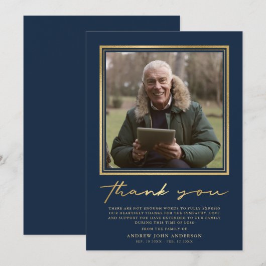 Simple Navy & Gold Calligraphy Photo Funeral Bedankkaart (Voorkant / Achterkant)