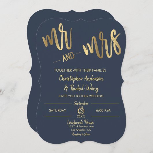 Simple Navy Gold Script Mr en Mrs Wedding Kaart (Voorkant / Achterkant)