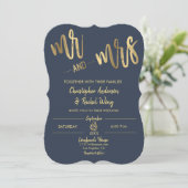 Simple Navy Gold Script Mr en Mrs Wedding Kaart (Staand voorkant)