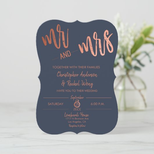 Simple Navy Roos Gold Script Mr en Mrs Wedding Kaart (Staand voorkant)