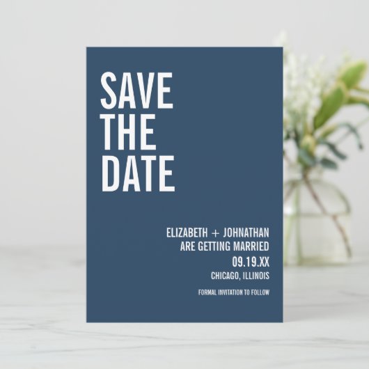 Simple Navy Typography Wedding Photo Save The Date (Staand voorkant)