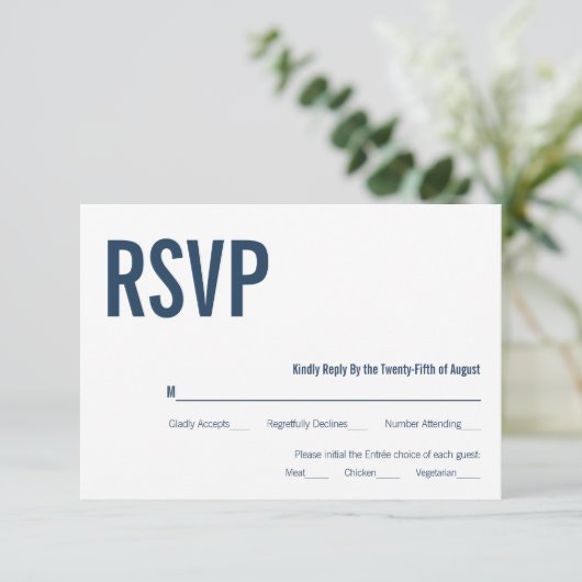Simple Navy Typography Wedding RSVP Kaart (Staand voorkant)