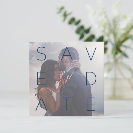 Simple Navy White 2 Foto Roos Gold Square Weddensc Save The Date (Staand voorkant)