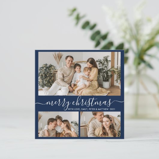 Simple Navy White 3 Photo Collage Kerstmis Feestdagenkaart (Staand voorkant)
