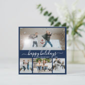 Simple Navy White 4 Photo Collage Happy Feestdagenkaart (Staand voorkant)