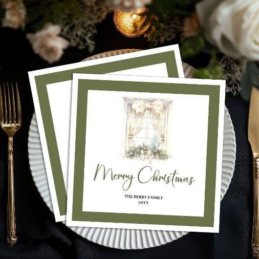 Simple Neutral Christmas Tree Family Name Napkins Servet