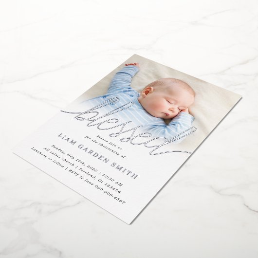 Simple One Photo Blessm Silver Folie Uitnodiging (Gedraaid)