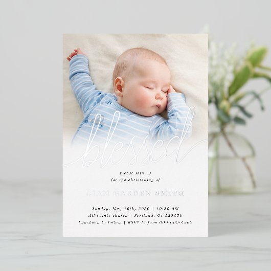 Simple One Photo Blessm Silver Folie Uitnodiging (Staand Voorkant)