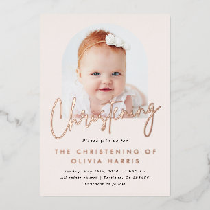 Simple One Photo Christening Baptism Roos Gold Folie Uitnodiging