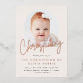 Simple One Photo Christening Baptism Roos Gold Folie Uitnodiging (Voorkant)
