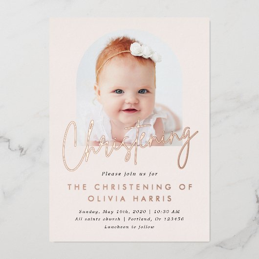 Simple One Photo Christening Baptism Roos Gold Folie Uitnodiging (Voorkant)