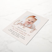 Simple One Photo Christening Baptism Roos Gold Folie Uitnodiging (Gedraaid)
