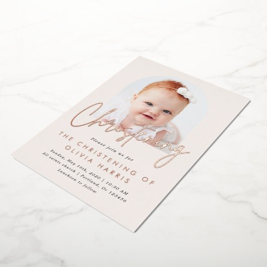 Simple One Photo Christening Baptism Roos Gold Folie Uitnodiging (Gedraaid)