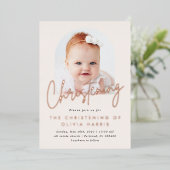 Simple One Photo Christening Baptism Roos Gold Folie Uitnodiging (Staand Voorkant)