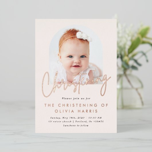 Simple One Photo Christening Baptism Roos Gold Folie Uitnodiging (Staand Voorkant)