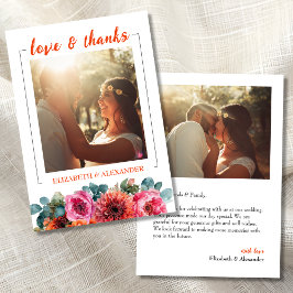 Simple Orange Pink Watercolor Floral Photo Wedding Bedankkaart