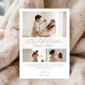 Simple Our First Christmas Elegant Script 3 Photo Feestdagenkaart