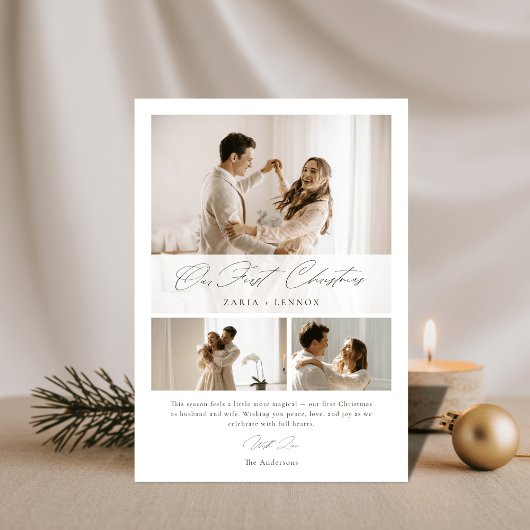 Simple Our First Christmas Elegant Script 3 Photo Feestdagenkaart