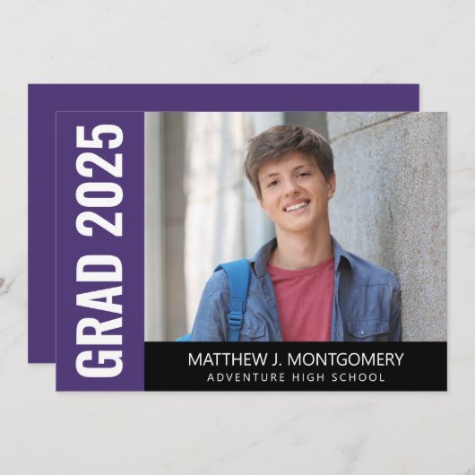 Simple Paars Black White Script Photo Afstuderen Aankondiging (Voorkant / Achterkant)