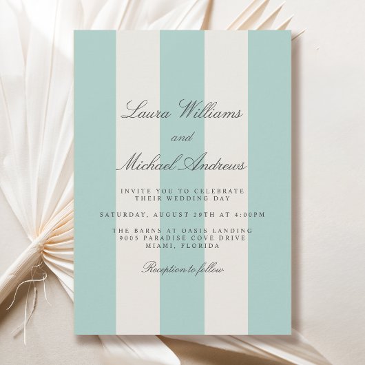 Simple Pale Teal Cabana Stripes Wedding Kaart