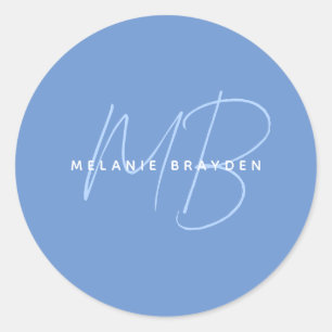 Simple Pastel Blue Minimalist Two Monogram Name Ronde Sticker
