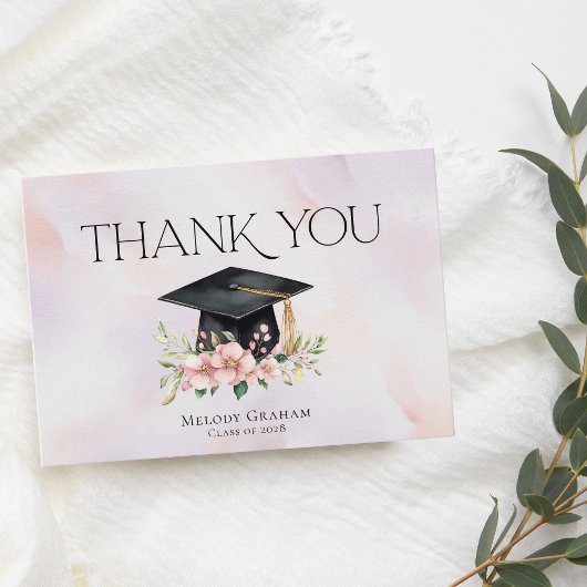 Simple Pastel Graduate Cap Flowers Graduation Bedankkaart