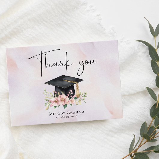 Simple Pastel Graduate Cap Flowers Graduation Bedankkaart