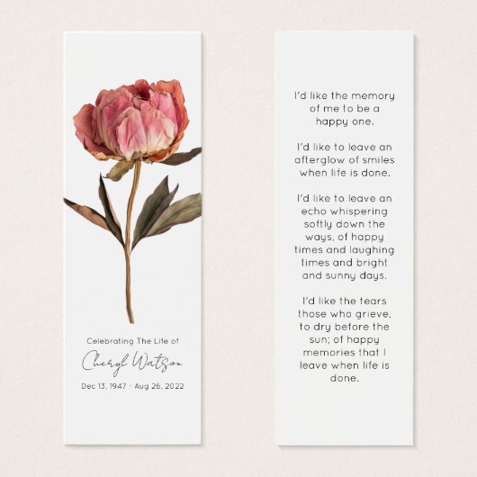 Simple Peony Funeral Memorial Bookmark Mini Visitekaartjes (Voorkant /achterkant)