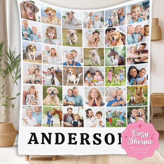 Simple Personalized 36 Photos Collage Cute Family  Sherpa Deken