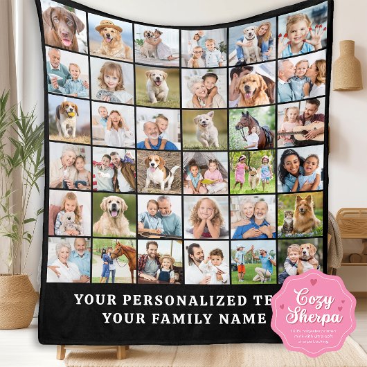 Simple Photo Collage Black Personalized 36 Picture Sherpa Deken