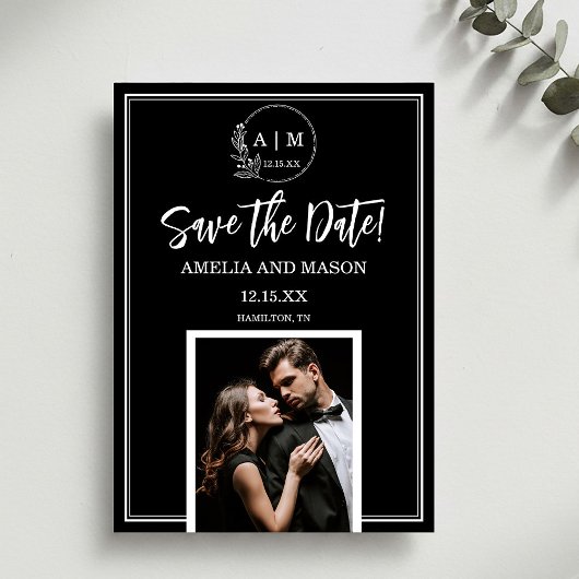 Simple Photo Minimal Monogram Save the Date Card Kaart
