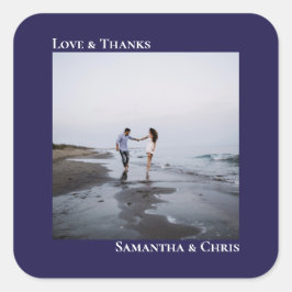 Simple Photo Navy Blue Love & Bedankt Wedding Vierkante Sticker