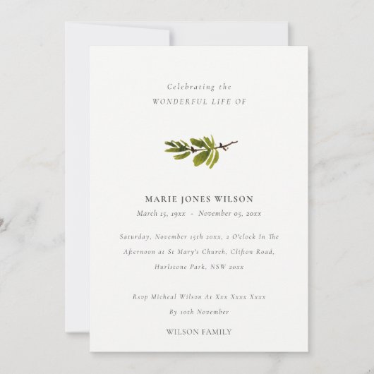 Simple Pine Branch Foliage Memorial Service Card Bedankkaart (Voorkant)